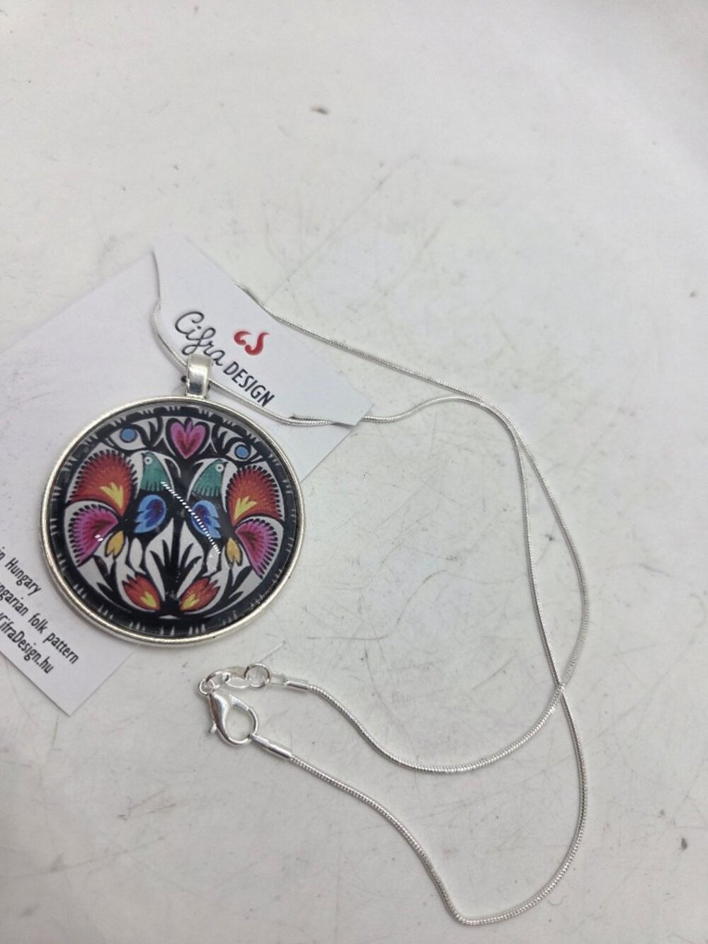 Folk Art Silver-Plated Pendant Necklace made In Hungary Floral Bird Design 18" - Picture 3 of 6